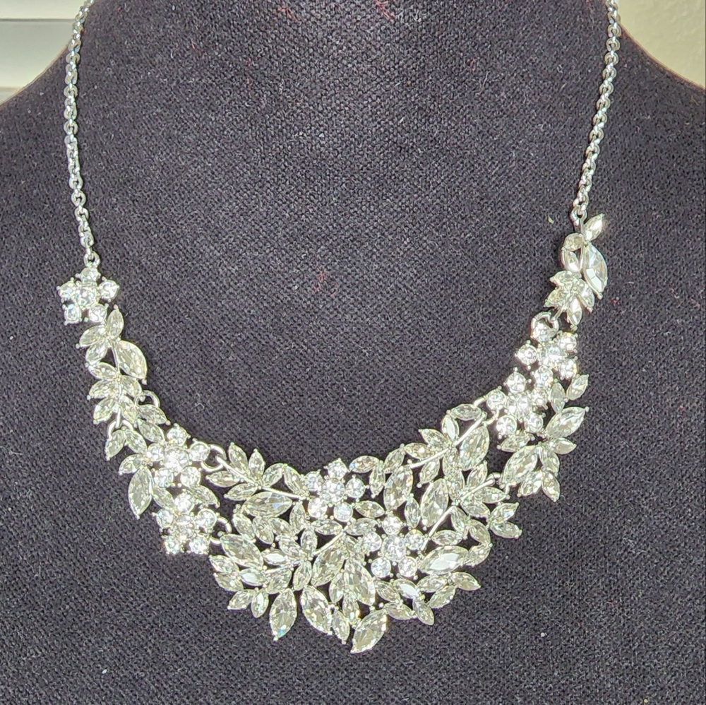 INC Crystal Flower silvertone statement necklace